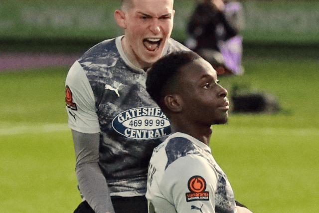 Will Harris and Kamil Conteh celebrate during Gateshead’s win over Southend United (photo Charles Waugh)