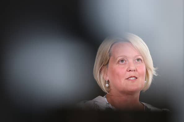 NatWest boss Dame Alison Rose has stepped down as chief executive immediately over Nigel Farage’s ‘inaccurate’ bank account leak. (Hollie Adams/Bloomberg via Getty Images)
