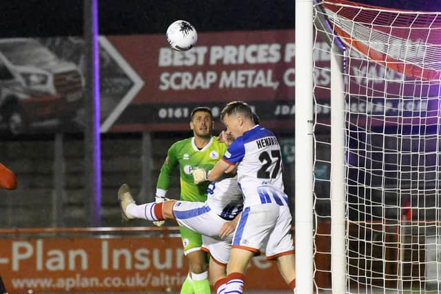 Action from Hartlepool United’s 2-2 draw at Altrincham (photo Frank Reid)