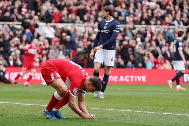 Dael Fry of Middlesbrough reacts after a missed chance.