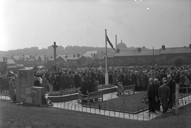 Paying tribute at the Easington memorial garden in the 1950s.