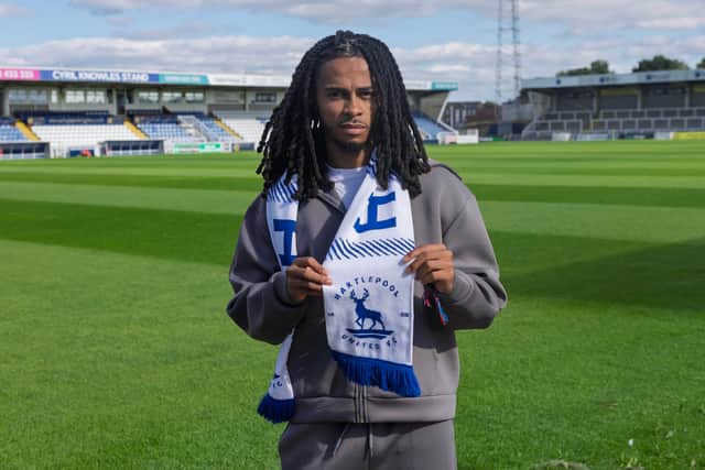Neo Eccleston at Victoria Park following the completion of his move to Hartlepool United.
