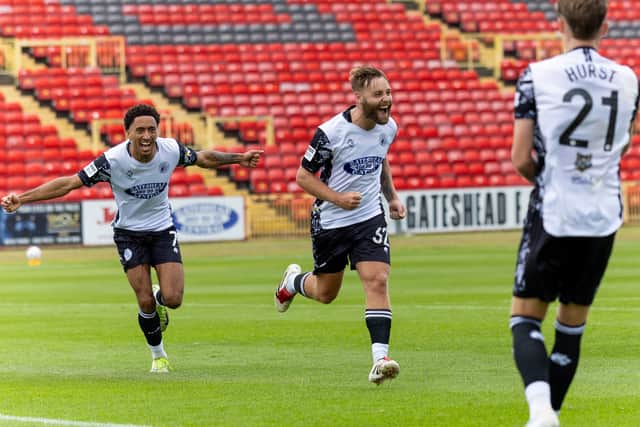 Harry Chapman celebrates after scoring for Gateshead (photo David Arrowsmith)