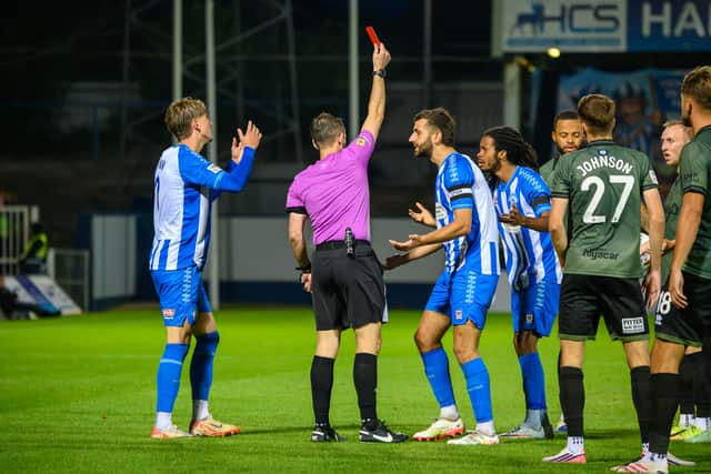 Neo Eccleston is sent off in Hartlepool United's home game with Eastleigh (photo Chris Fryatt)