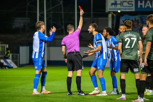 Neo Eccleston is sent off in Hartlepool United's home game with Eastleigh (photo Chris Fryatt)