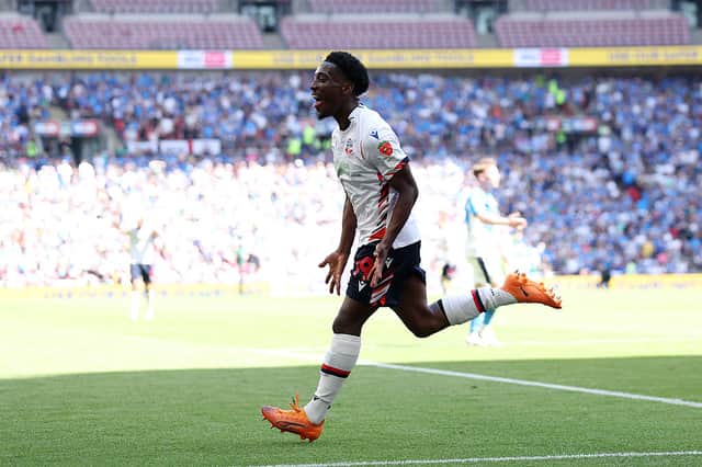 Amario Cozier-Duberry of Bolton Wanderers celebrates.