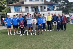 Louise Jackson (front centre) is pictured with cricketers and officials following the Ian Jackson Memorial Double Wicket Double Wicket Competition.

