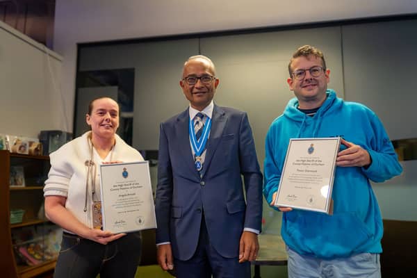 Angela Arnold (left) and Trevor Sherwood (Right), with High Sheriff, Arnab Basu