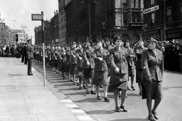 A march past by WAAF's on The Headrow during the Ark Royal Parade.