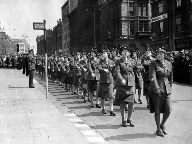 A march past by WAAF's on The Headrow during the Ark Royal Parade.