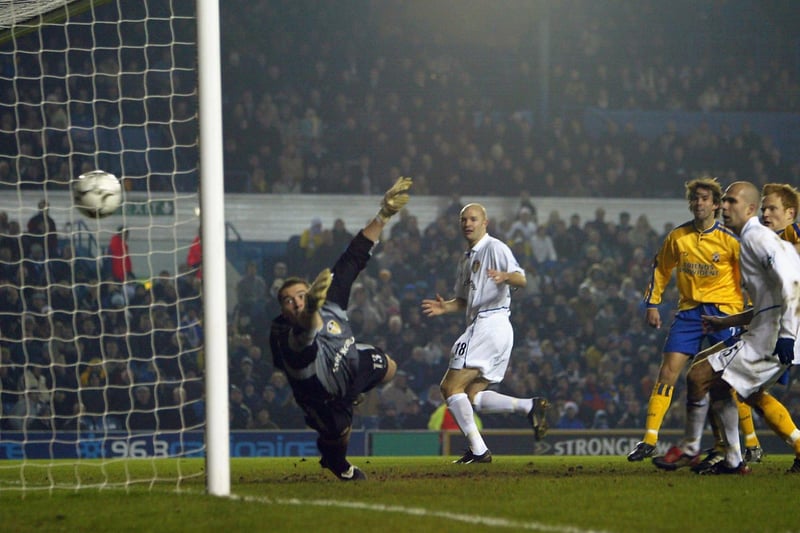 Paul Robinson fails to save a free kick from Southampton's Fabrice Fernandez during the Premiership clash at Elland Road in December 2002. The game finished 1-1.