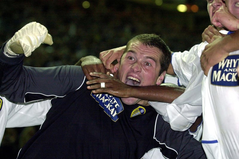 Paul Robinson celebrates scoring an injury-time equaliser for Leeds United against Swindon Town during the second round of the Carling Cup in September 2003. He also made the decisive save in the penalty shoot-out to send Leeds through.
