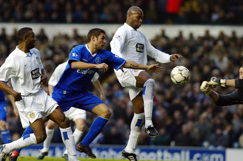 Paul Robinson reaches out to try and stop Chelsea's Adrian Mutu from scoring during the Premiership clash at Elland Road in December 2003.