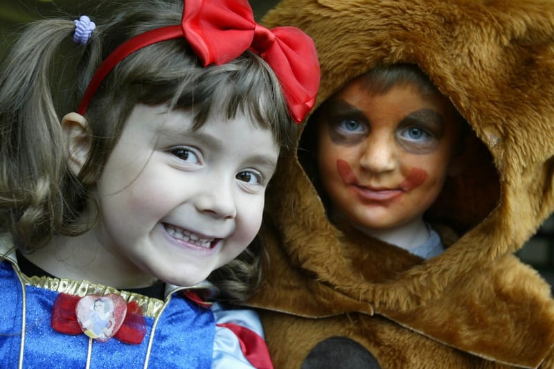 Four-year-olds Francesca Davies and Joseph Conway in their book character fancy dress at Sacred Hearts School, Sowerby.