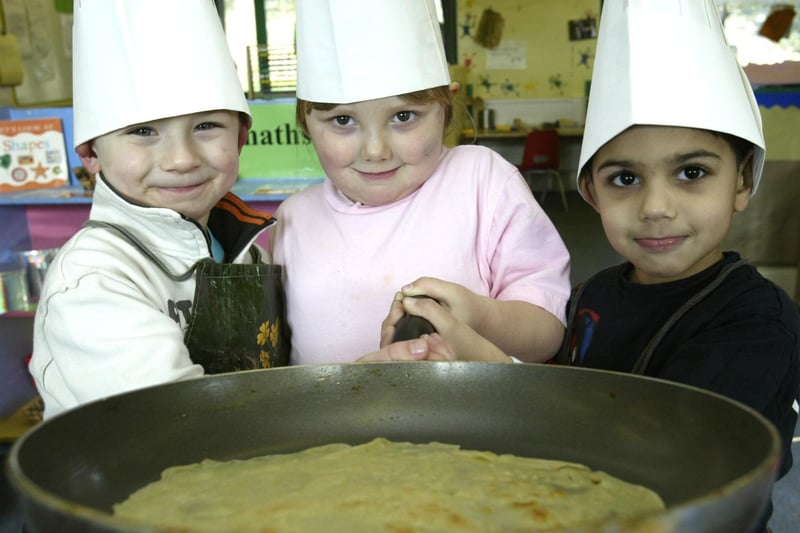 Pancake makers Hayden Church, Caitlin Skilbeck and Simraaj Panesar, all aged four, at Bright Spark Nursery, Halifax.