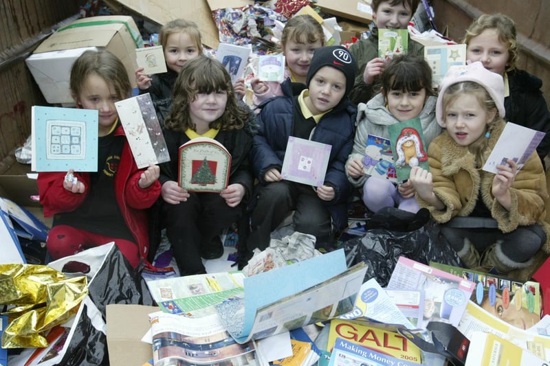 Children at Moorside Junior and Infant School, Ovenden, recycle their Christmas cards.