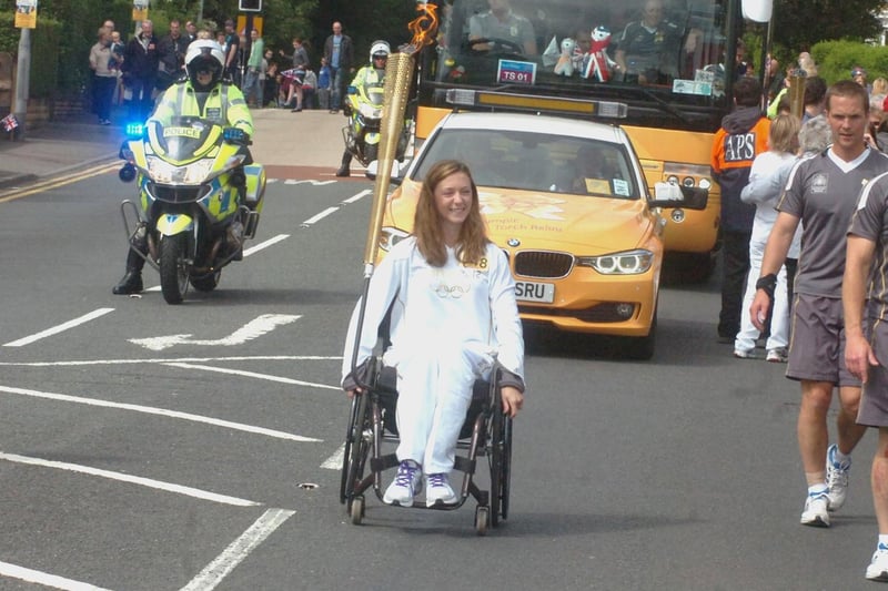 Wheelchair basketball player Sophie Carrigill, who attended Wakefield Girls' High School and later went on to represent Great Britain at the 2014 Women's World Wheelchair Basketball Championship in Toronto and the 2016 Paralympic Games in Rio de Janeiro, carried the torch into Dewsbury.