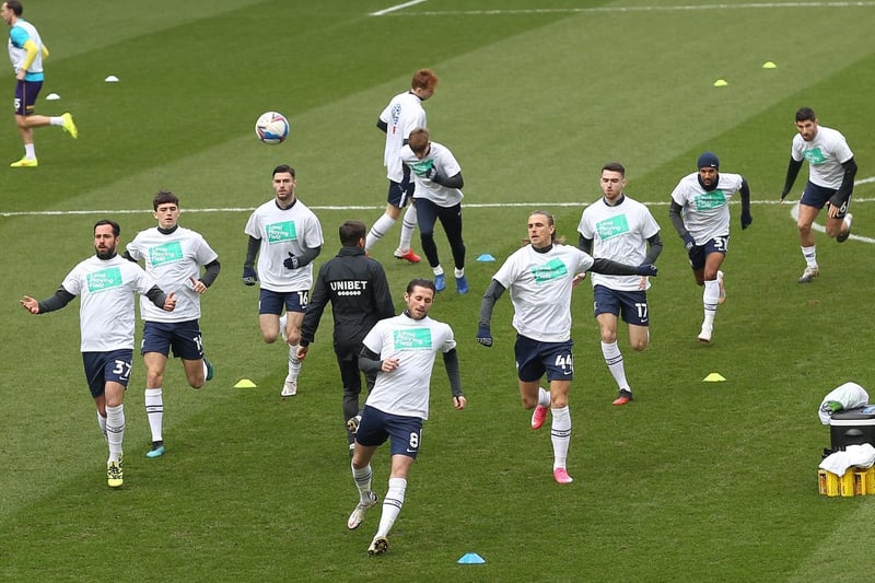 PNE players warm-up before the game against Huddersfield