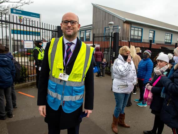 Matthew Fitzpatrick, headteacher at Morley Newlands was on hand to greet pupils and parents as they come back to school.