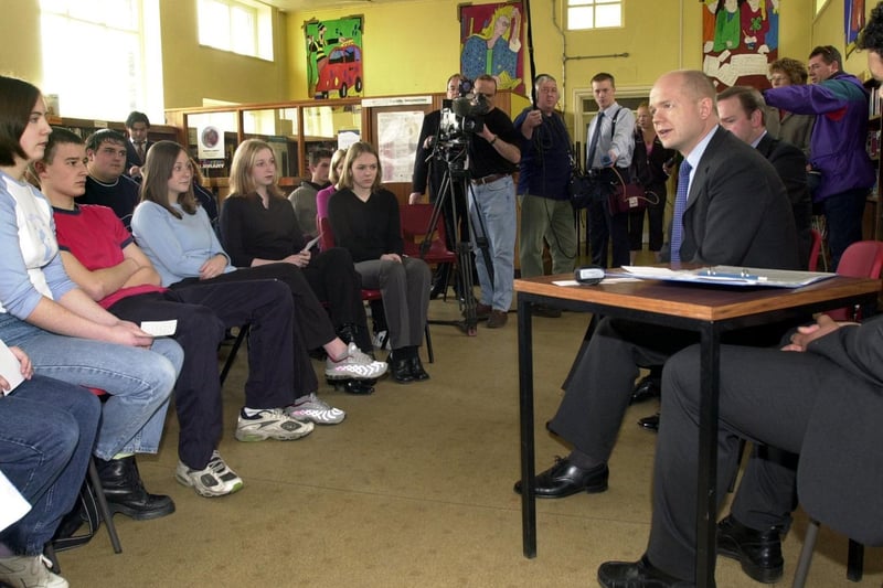 Conservative leader William Hague took part in a Keep the Pound campaign question and answer session with pupils during a visit to Pudsey Grangefield High School in April 2001.