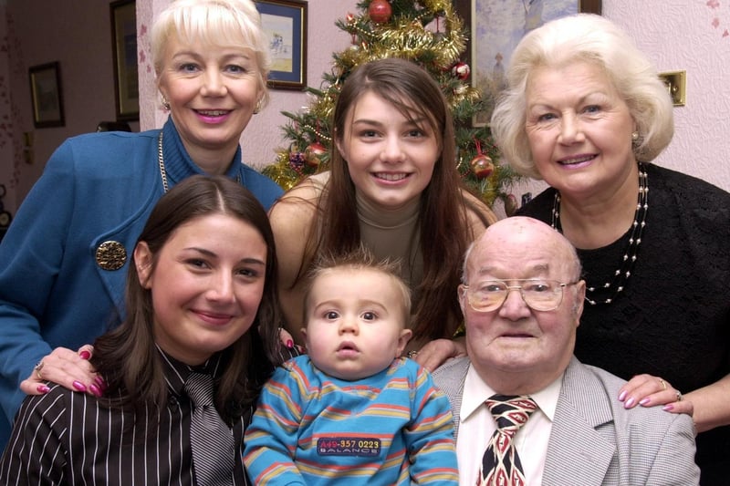 December 2001 and five generations of one Pudsey family prepared to celebrate 
Christmas together. Pictured are Karen Craven Hall, Verity Craven Hall, (Mirelle's sister), Murial Craven. Front: Mirelle Craven McIntyre, Kaius John McIntyre, Jim Woodhead.