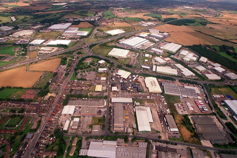 Aerial view of Normanton industrial estate in August 2000, with the M62 running in the background