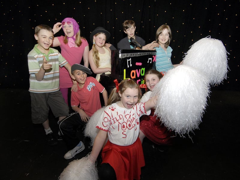 Wildcats cheerleaders Megan Hall (centre) and Jade-Taylor Britton, with other youngsters who performed their version of High School Musical 2 after rehearsing at the Spa musical theatre workshop.