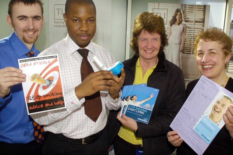 At the stop smoking stand in Sainsburys are (from left) Produce manager Paul Miller, Pharmacist Anthony Onuchukwu, Smoking in Pregnancy specialist Sue Cullen and Specialist Smoking advisor Flis MacDonald.