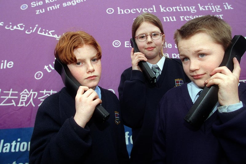 Pupils from Morley High use handsets to 'talk' to the language bus which was at their school in February 1999. Pictured, from left, are Sam Meehan, Helen Watts and Lee Herring.