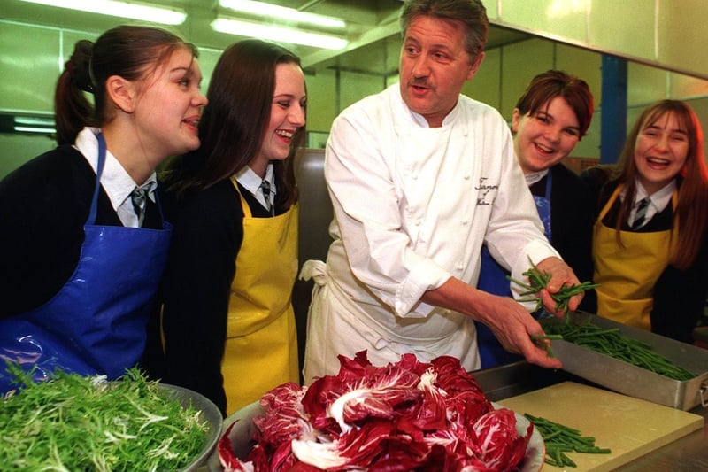 Former pupil turned celebrity chef Brian Turner returned to Morley High School in February 1999. He is pictured with, from left, Nicola Dodson, Rachel Flather, Charlotte Stone and Helen Batty.