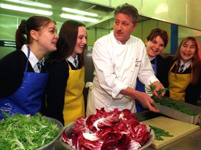 Former pupil turned celebrity chef Brian Turner returned to Morley High School in February 1999. He is pictured with, from left, Nicola Dodson, Rachel Flather, Charlotte Stone and Helen Batty.