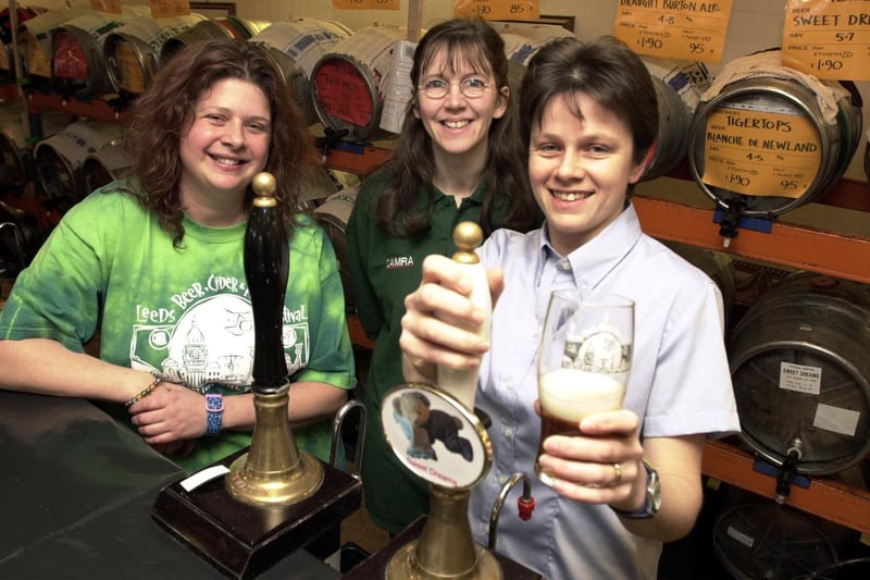 Brewers Christine Joplin, Nichola Barlow and Jayne Hewitt who all have their own ales on show at Leeds Beer Festival held at Pudsey Civic Hall in March 2002.