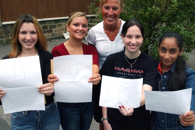 Celebrating their GCSE results at Pudsey Grangefield School are Michelle Tate, Lucy Whitehead, Kathy Marshall and Dupinder Lall. They are pictured with Head of Year 11 Julie Burgess.