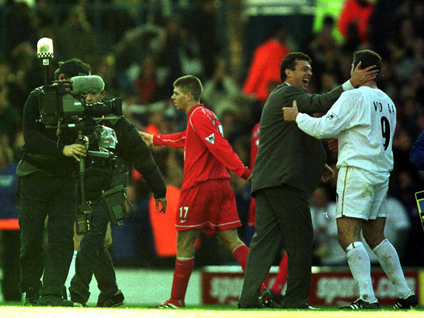 Leeds United manager David O'Leary celebrates with striker Mark Viduka at Elland Road. Pic: Getty