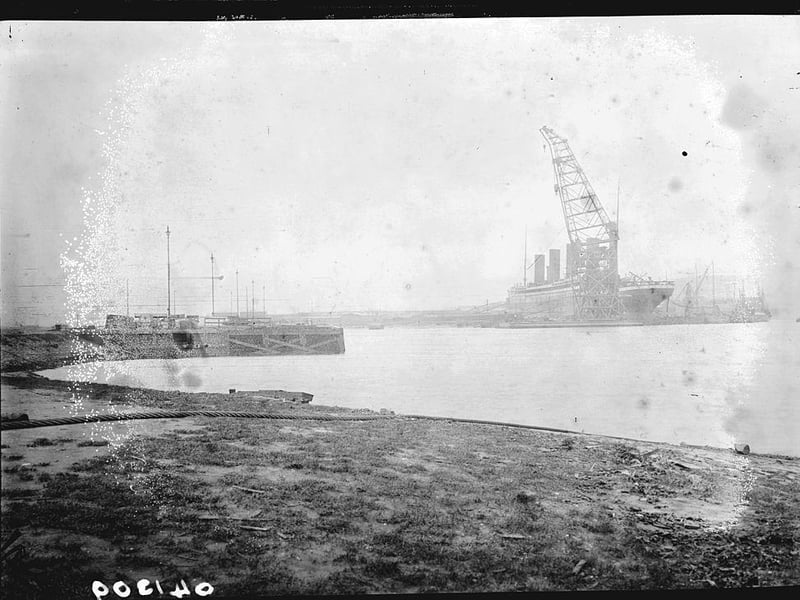 The Titanic under construction at the Harland and Wolff shipyard in Belfast, February 1912.
It took 3,000 workers to build the Titanic; there were 246 injuries and two people lost their lives.