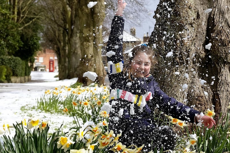 Florence Skelton enjoys the snow in Scalby Village.