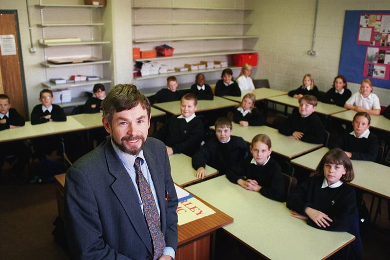 Do you remember headteacher Martin Spoor? He is pictured with pupils in September 1999.