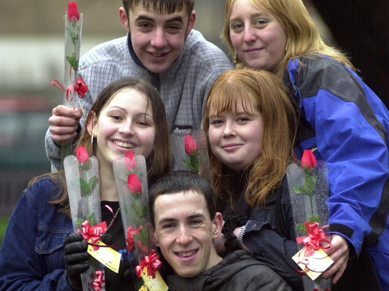 February 2001 and these students started a company selling roses. Pictured are Darryl Horner, Jane Russell, Patricia Rigby, Lorna Bapty and Jason Mousada.