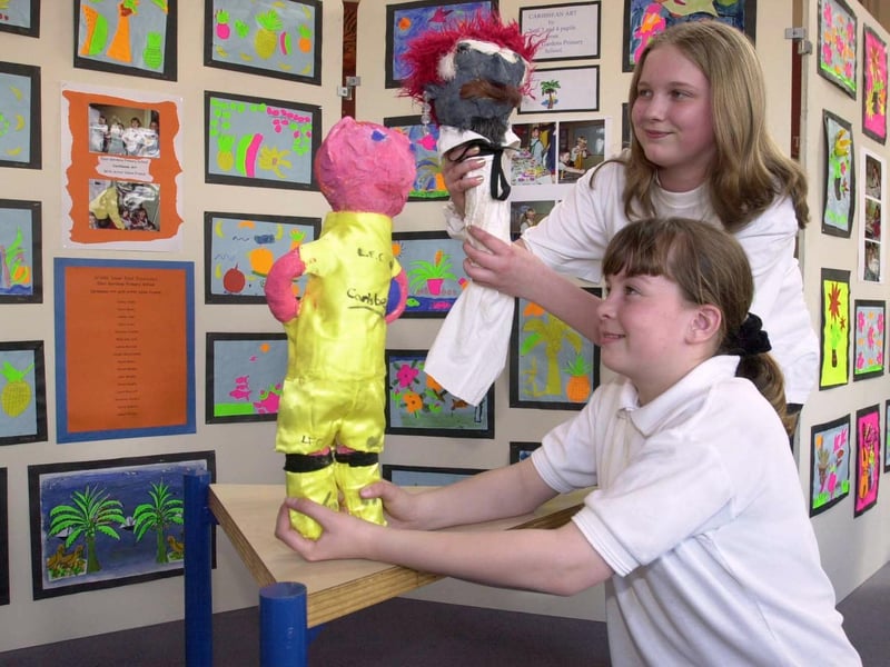 Pupils Charlotte Winter (top) and Lisa Cole admire their art puppets as part of SPARK (sport and art towards knowledge) project at West Yorkshire Playhouse in April 2001.