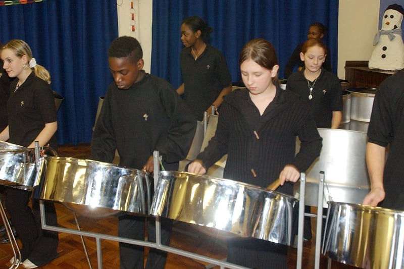 The school's steel band in action in December 2003.
