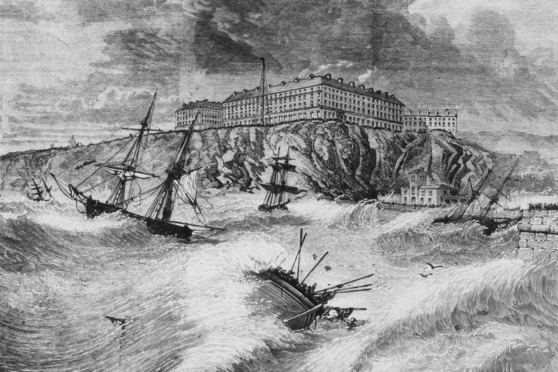 A lifeboat capsizes in a gale off Whitby in North Yorkshire, 9th February 1861. Lifeboatman Henry Freeman was the only survivor of the crew of thirteen. Original Publication : Illustrated London News - pub. 23rd February 1861