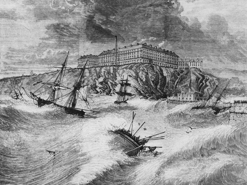 A lifeboat capsizes in a gale off Whitby in North Yorkshire, 9th February 1861. Lifeboatman Henry Freeman was the only survivor of the crew of thirteen. Original Publication : Illustrated London News - pub. 23rd February 1861
