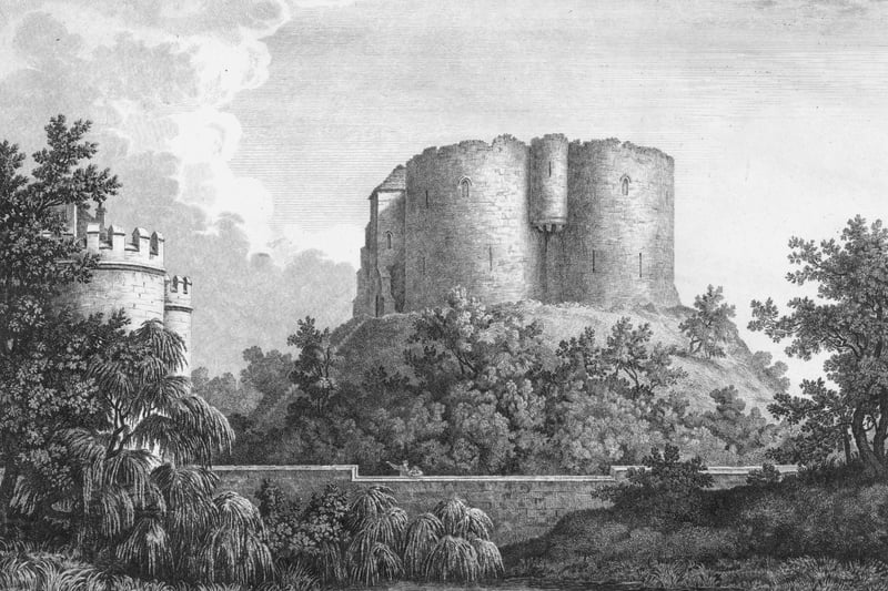 circa 1807. Clifford's Tower in York, which is the stone keep of a larger castle complex built by Henry III in the thirteenth century. The moat can be seen in the foreground.