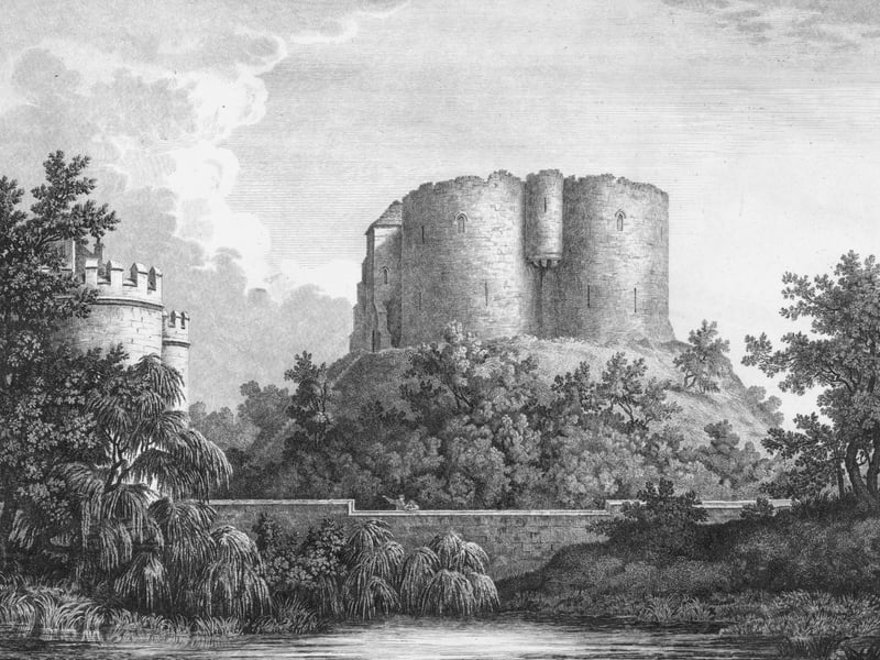 circa 1807. Clifford's Tower in York, which is the stone keep of a larger castle complex built by Henry III in the thirteenth century. The moat can be seen in the foreground.