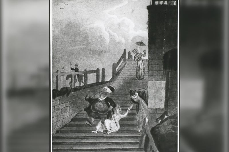 A woman falls down the steps at Scarborough, England, 1813. 

From poetical sketches of Scarborough, By Rowlandson after Green.