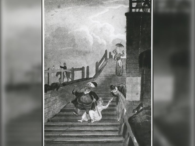 A woman falls down the steps at Scarborough, England, 1813.
From poetical sketches of Scarborough, By Rowlandson after Green.