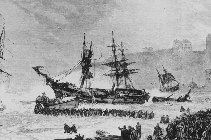 Ships run aground at Scarborough in North Yorkshire, 1880. Original Publication : Illustrated London News - pub. 6th November 1880