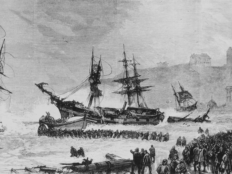 Ships run aground at Scarborough in North Yorkshire, 1880. Original Publication : Illustrated London News - pub. 6th November 1880