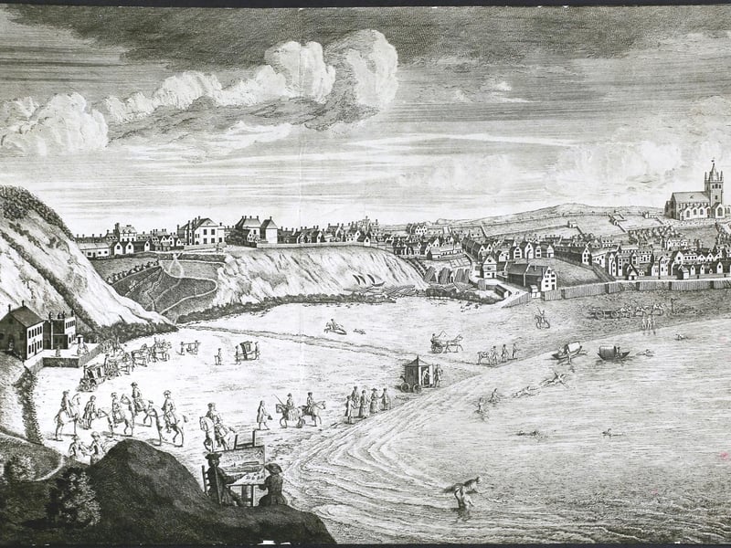The beach at Scarborough, England. Engraved by John Setterington, circa 1735.