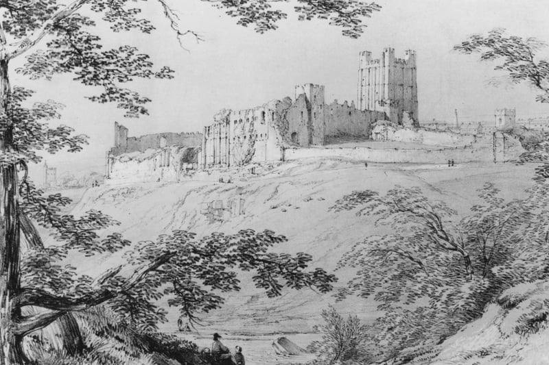Richmond Yorkshire, the Norman castle from the south east, circa 1750.